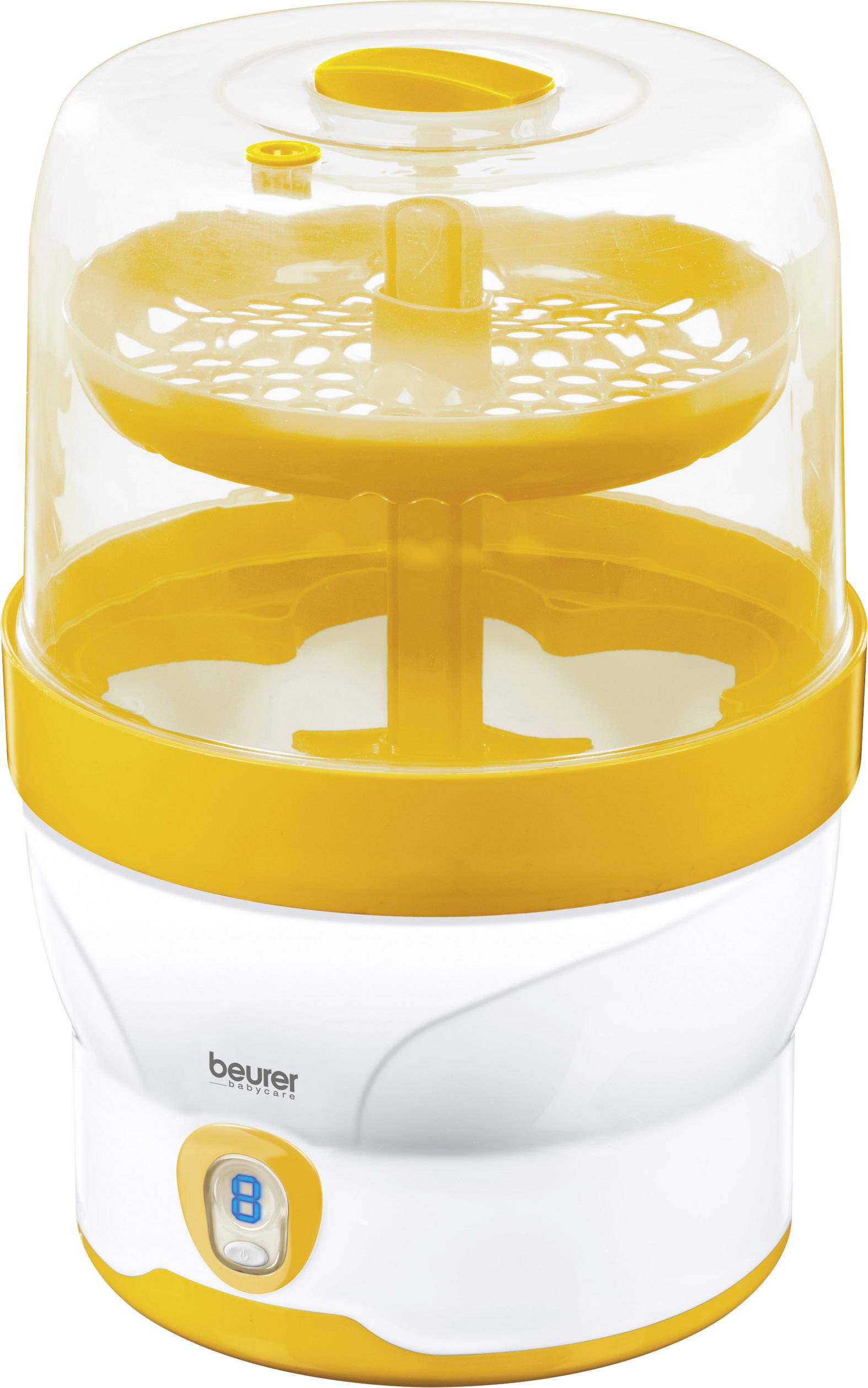 Un stérilisateur électrique de biberons jaune et blanc. Il dispose d'un couvercle transparent et peut contenir plusieurs biberons.