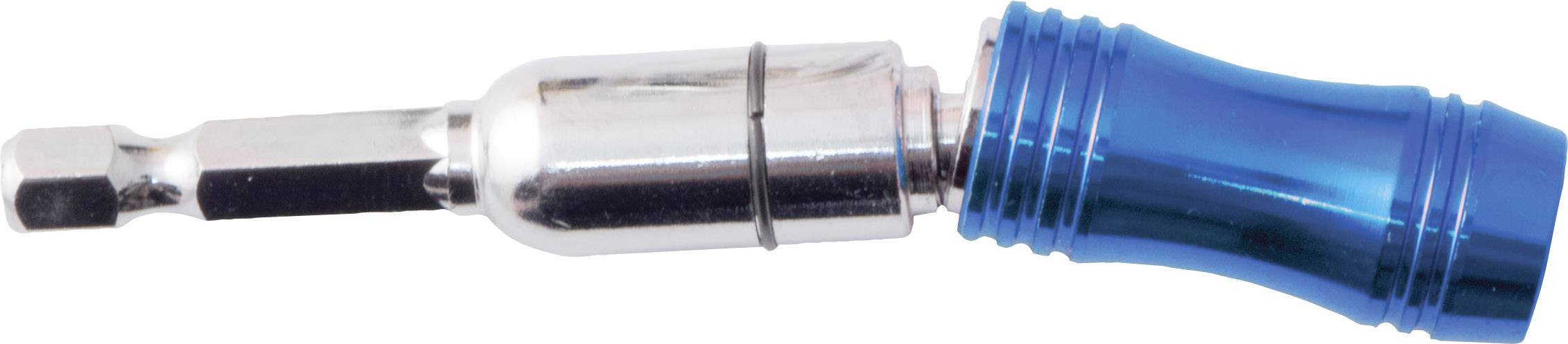 Un tournevis bleu avec un embout magnétique est posé horizontalement ; manche en plastique, tige en métal.