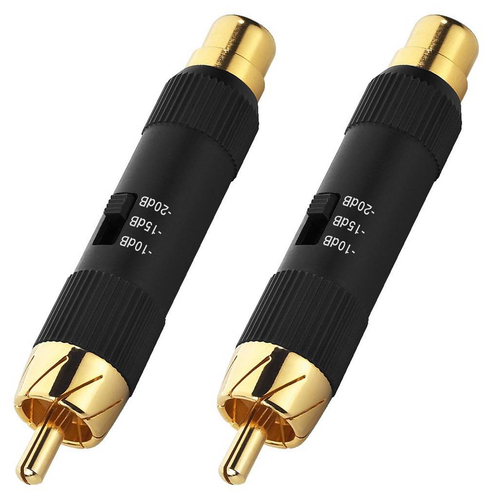 Deux fiches audio noires avec des embouts dorés et des résistances électriques réglables, marquées '10dB', '15dB' et '20dB'.