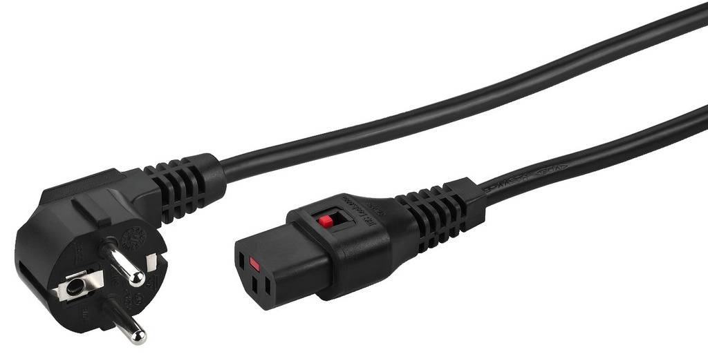 Un câble d'alimentation noir avec une fiche tripolaire et une prise femelle de l'autre côté, compatible avec les prises électriques européennes.