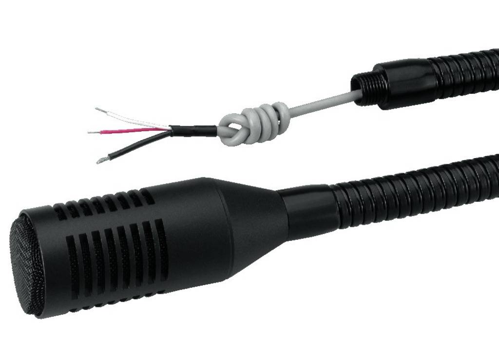 Un microphone noir avec un col flexible et une extrémité de câble dénudée, adapté pour les enregistrements audio ou les systèmes de sonorisation.