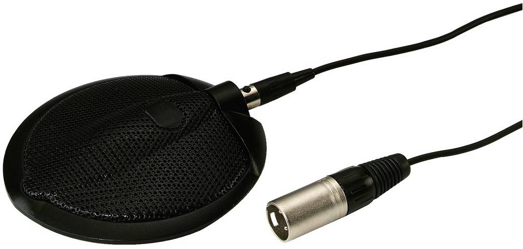 Microphone de limite noir avec câble et connecteur XLR.