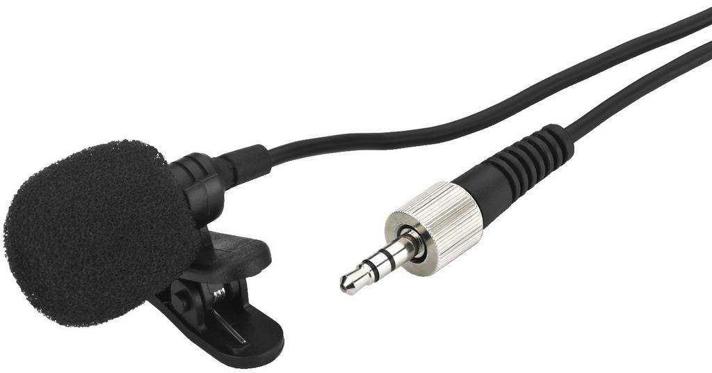 Microphone-cravate avec clip et jack 3,5 mm, adapté pour l'enregistrement audio mains libres.