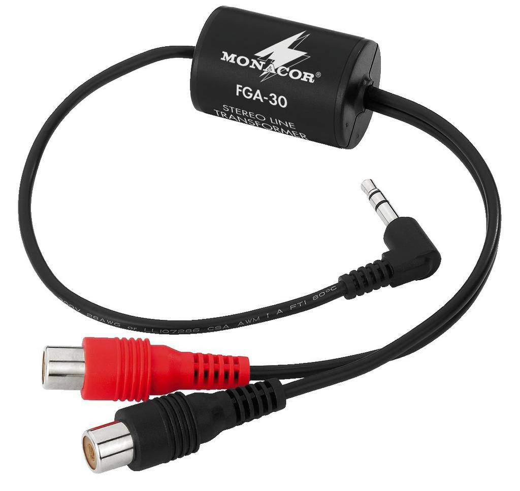 Filtre stéréo antiparasitage avec un boîtier noir et une fiche jack 3,5 mm. Deux connexions RCA en rouge et noir permettent de connecter d'autres appareils.