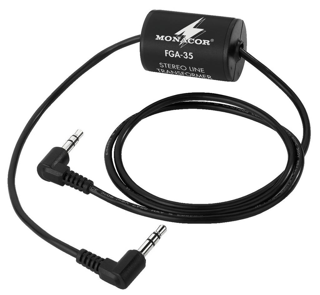 Transformateur 'Stereo Line' avec câbles et fiches jack 3,5 mm des deux côtés, pour connexions audio et réduction des bruits.