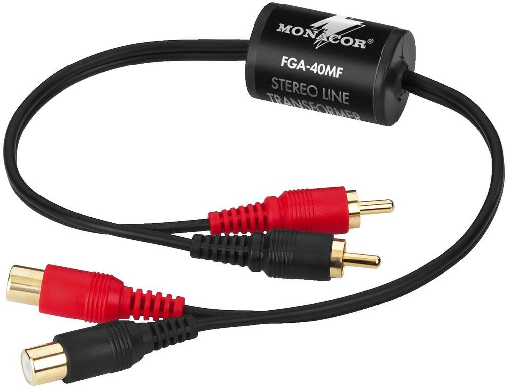 Un transformateur stéréo noir avec quatre connexions Cinch, deux rouges et deux noires, pour la transmission audio.