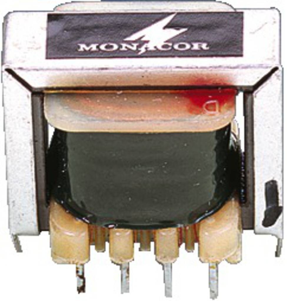 Transformateur avec plusieurs broches de connexion, adapté aux circuits électroniques. Logo blanc en haut.