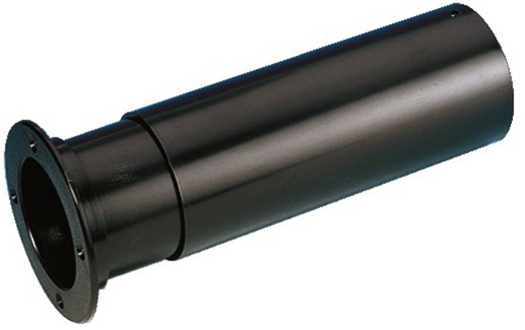 Un tube métallique noir ajustable avec une large bride à son extrémité, potentiellement adapté à des applications industrielles.