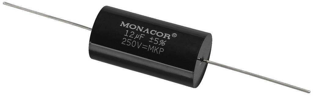 Condensateur avec marquage 'MONACOR 12 µF ±5% 250V=MKP', boîtier cylindrique noir et deux fils de connexion.
