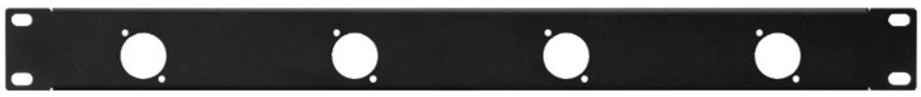 Plaque rectangulaire noire avec quatre trous ronds répartis uniformément, pouvant être utilisée pour un montage en rack.