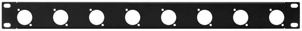 Panneau noir pour rack avec sept ouvertures rondes pour l'organisation des câbles ou des modules, de forme rectangulaire, avec deux rangées de trous de fixation.