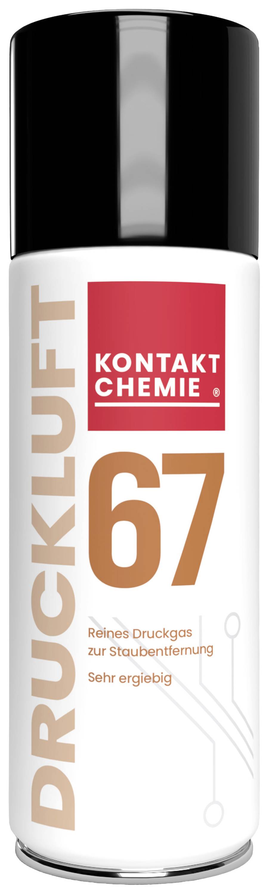 'Bombe aérosol, marque KONTAKT CHEMIE, adaptée pour l'élimination de la poussière. Design blanc avec logo rouge et numéro 67.'