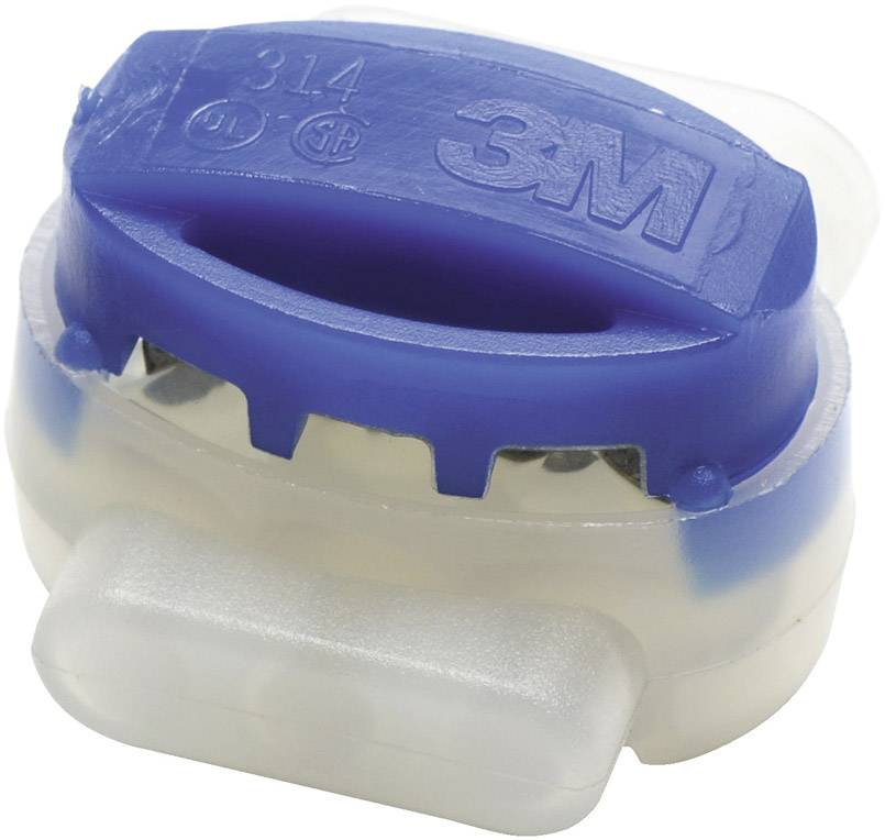 Un petit connecteur de câble électrique rond, bleu et transparent de 3M. Utilisé pour connecter en toute sécurité des fils électriques.