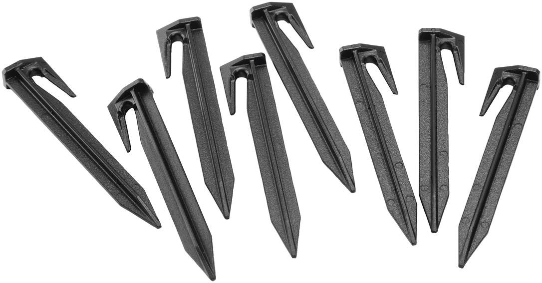 Huit crochets de jardin noirs en plastique pouvant être utilisés pour fixer des voiles ou des filets dans le jardin.