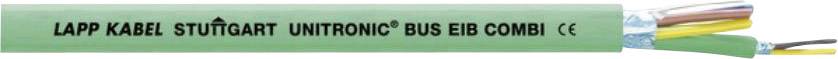 Câble multibrins vert portant l'inscription « LAPP KABEL STUTTGART UNITRONIC® BUS EIB COMBI CE », montrant plusieurs fils colorés à une extrémité.
