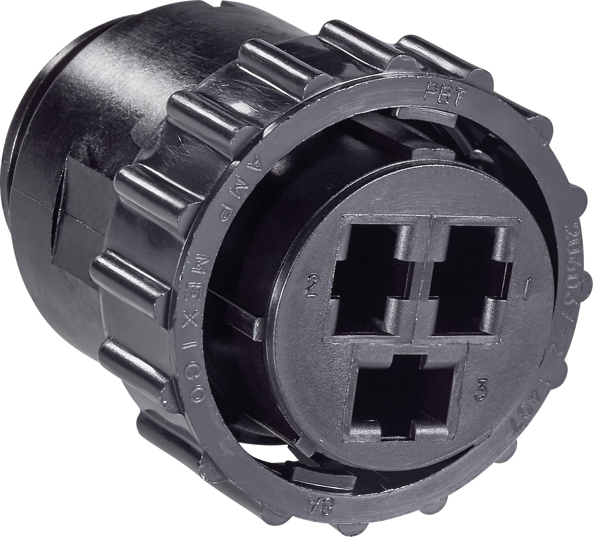 Connecteur noir rond en plastique avec quatre ouvertures rectangulaires, numérotées de 1 à 4, pour des connexions électriques ou réseau.