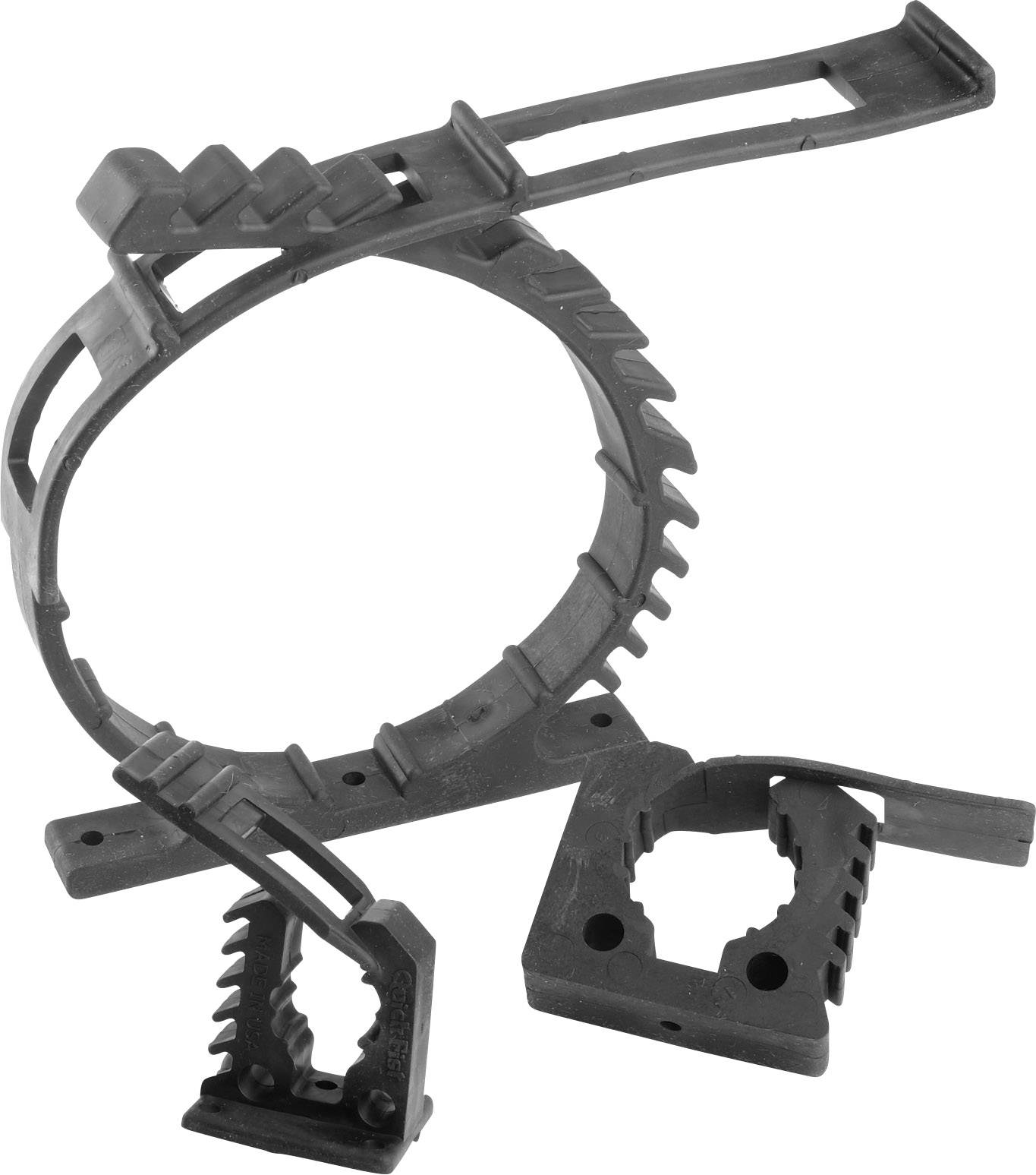 Un collier de serrage en plastique noir avec des bords dentelés et un mécanisme de verrouillage, adapté pour regrouper et maintenir des câbles.