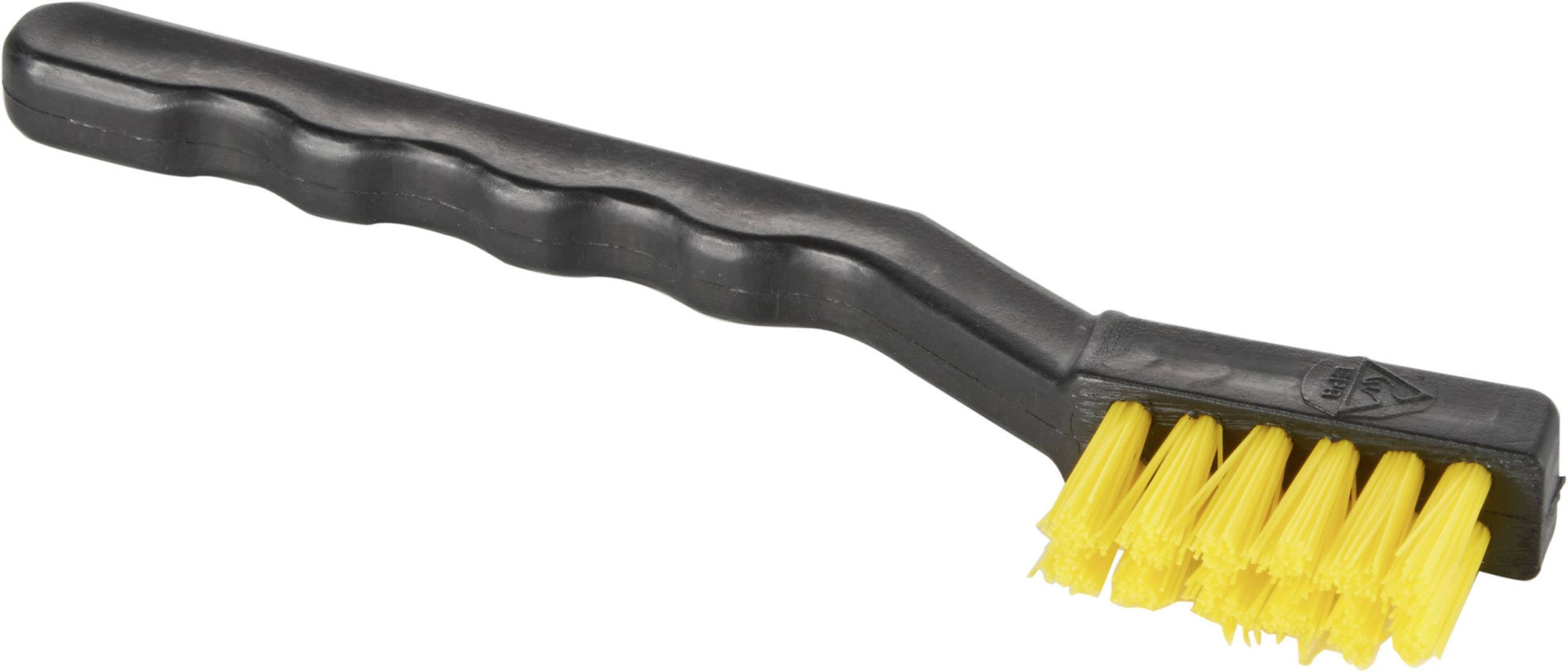 Brosse noire avec tête de poils jaunes, manche ondulé. Adaptée pour le nettoyage de petites surfaces ou de zones difficiles d'accès.