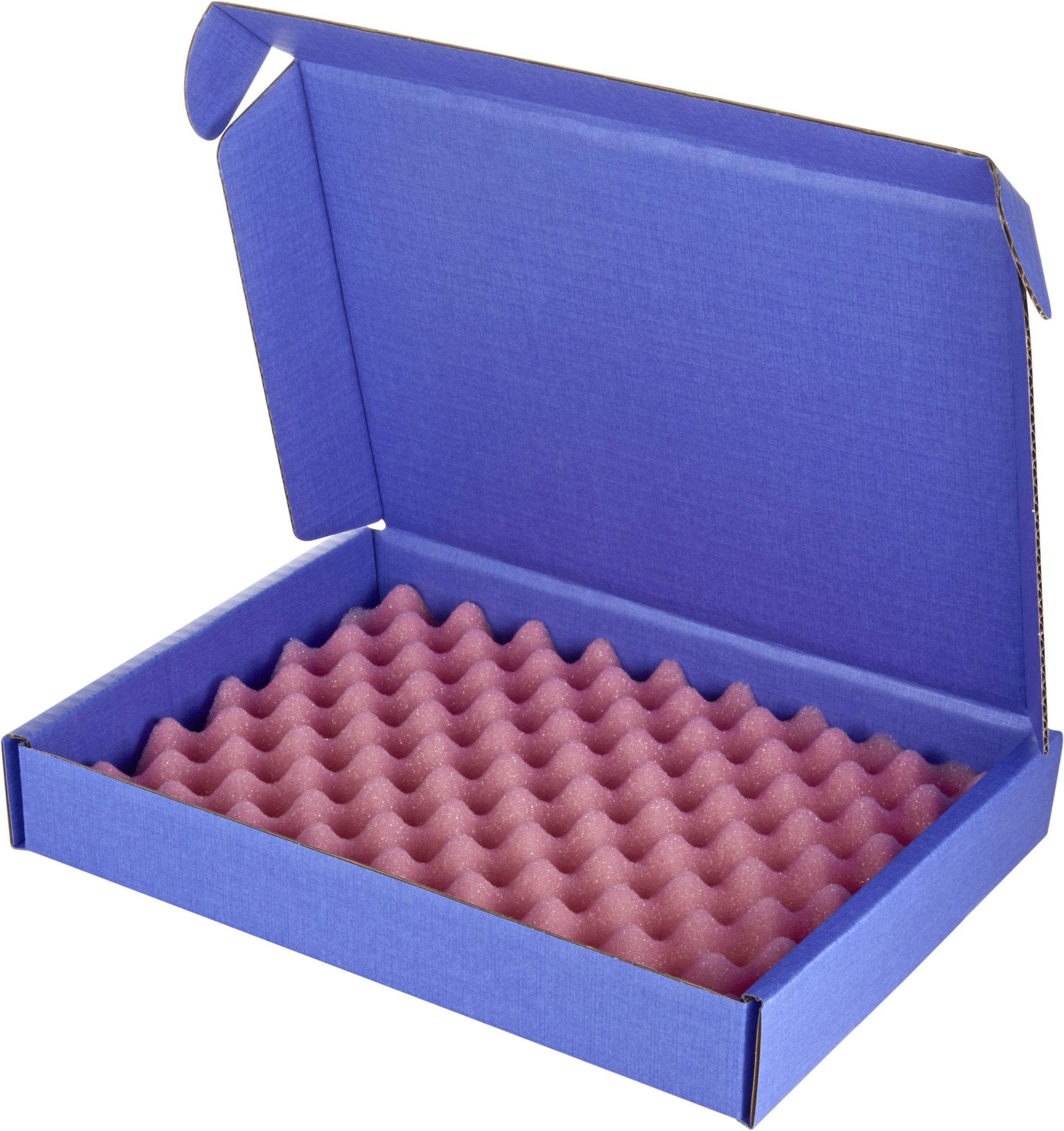 Boîte bleue avec couvercle ouvert, intérieur rembourré de mousse ondulée rose, adaptée au transport sécurisé d'objets fragiles.