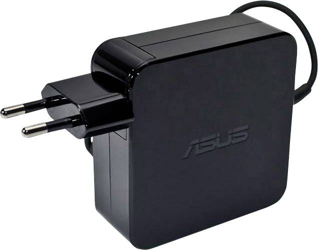Un chargeur d'ordinateur portable noir avec un câble d'alimentation fixe. La fiche est conçue pour les prises électriques européennes.