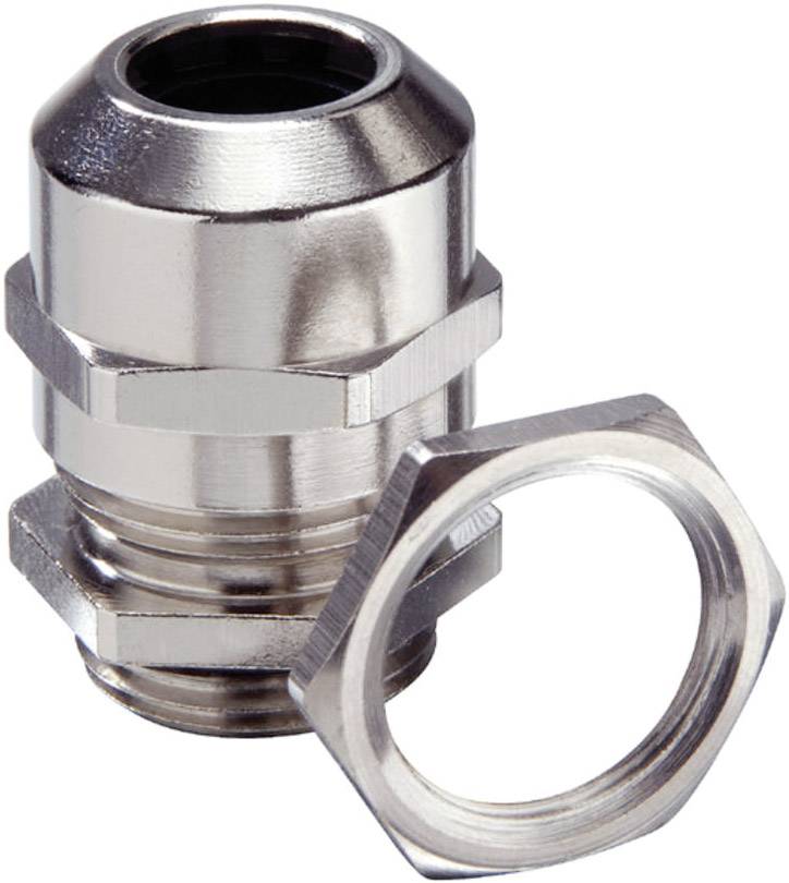 Presse-étoupe métallique avec écrou hexagonal. Utilisé pour des connexions de câbles sécurisées dans les installations électriques.