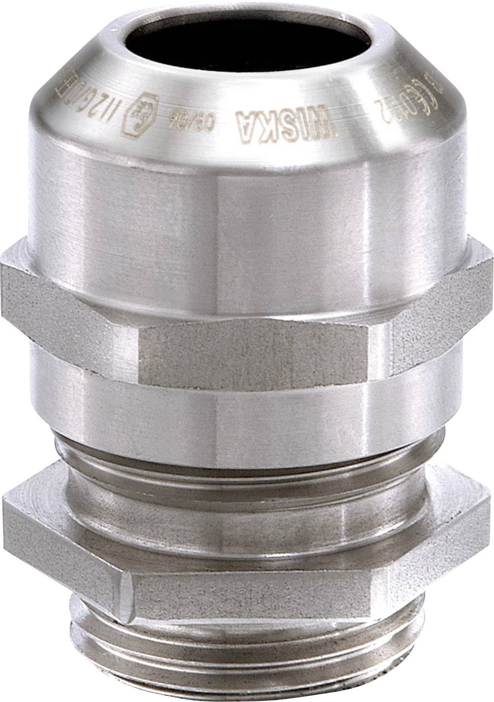Presse-étoupe métallique filetée, conçue pour la fixation et l'étanchéité sécurisées des câbles dans les boîtiers électriques.