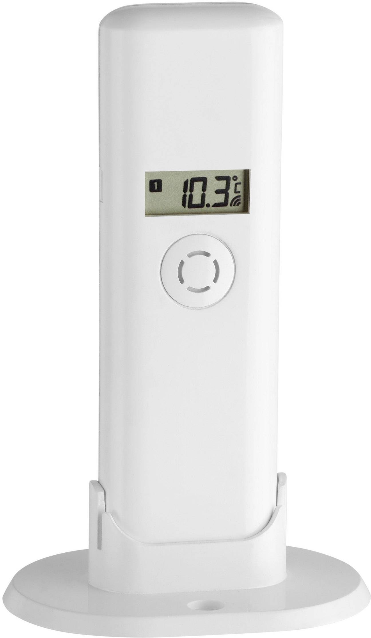 Thermomètre numérique avec affichage indiquant 10,3 degrés Celsius. Design blanc et élancé sur un socle rond.