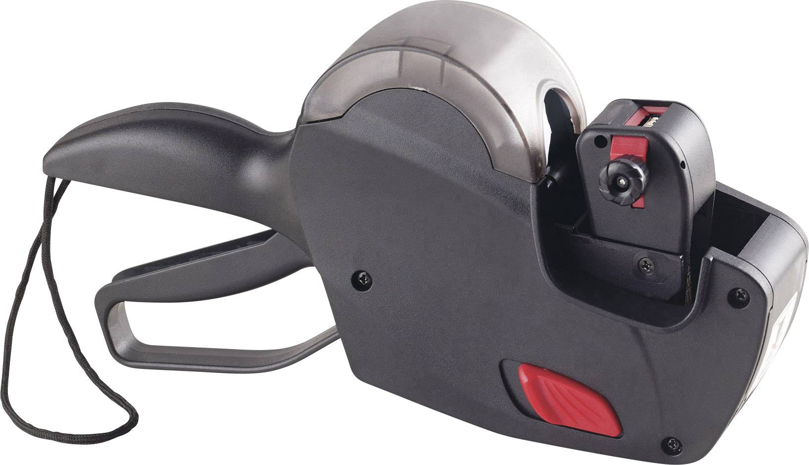 Étiqueteuse manuelle avec poignée noire et détail rouge, adaptée pour apposer des étiquettes de prix ou des étiquettes sur des produits.