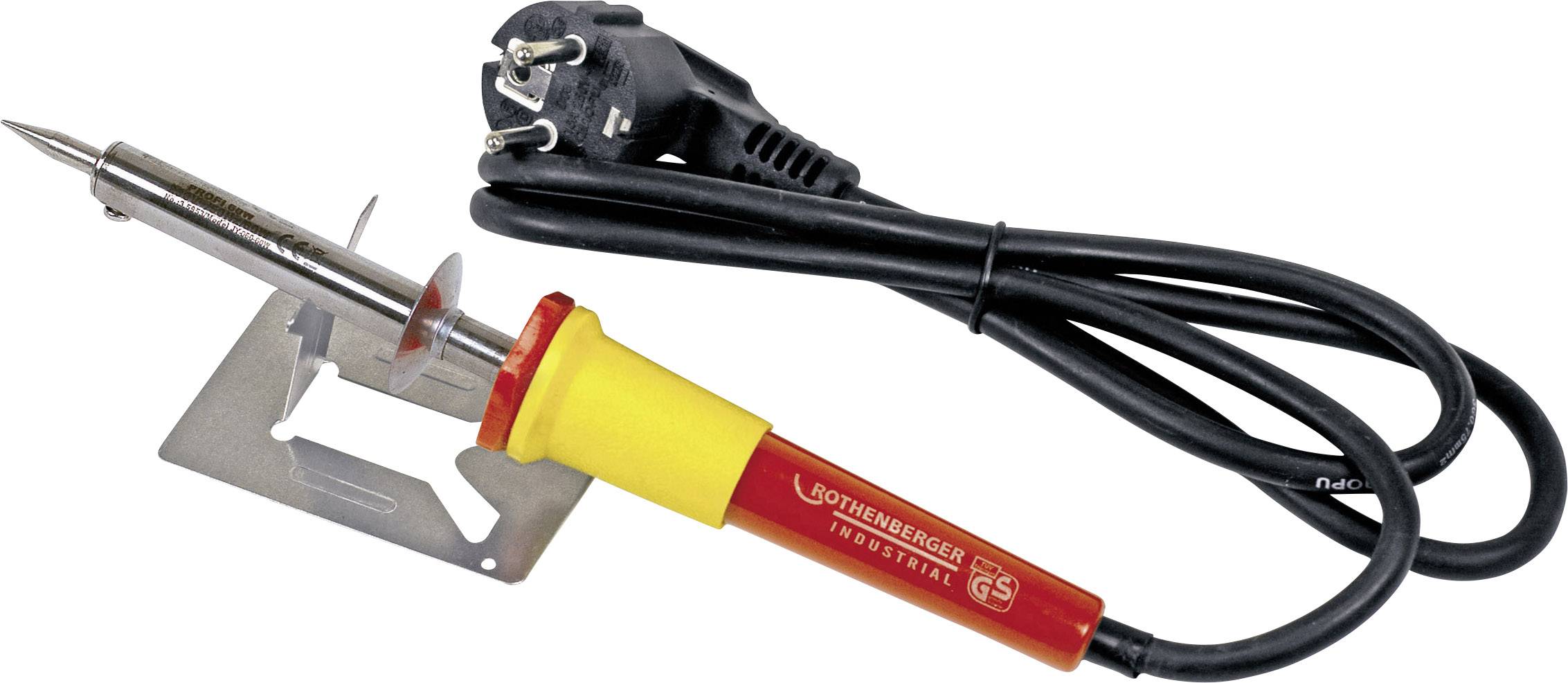 Fer à souder avec poignée rouge et câble secteur noir sur support métallique. Adapté pour les travaux de soudure électriques.