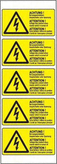 'Avertissement de tension électrique' sur fond jaune. Symbole : éclair noir dans un triangle. Texte : 'Attention ! Tension électrique.'