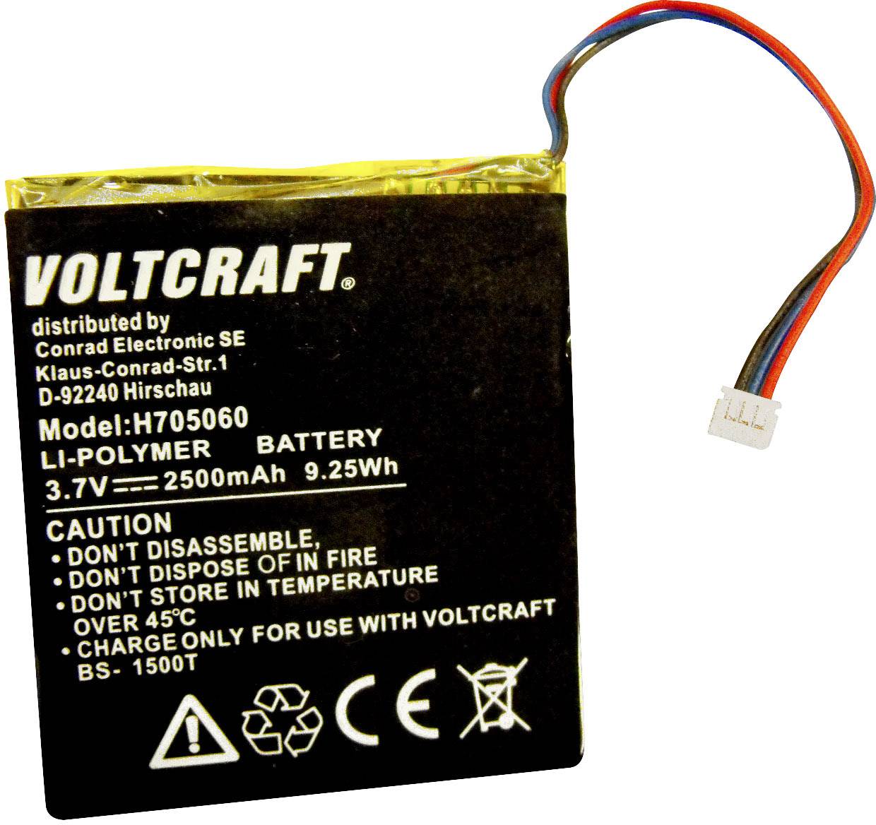 Batterie Li-Polymère de VOLTCRAFT avec 2500mAh, 3,7V, 9,25Wh. Avertissements : Ne pas démonter, ne pas jeter au feu ou stocker à des températures supérieures à 45°C.