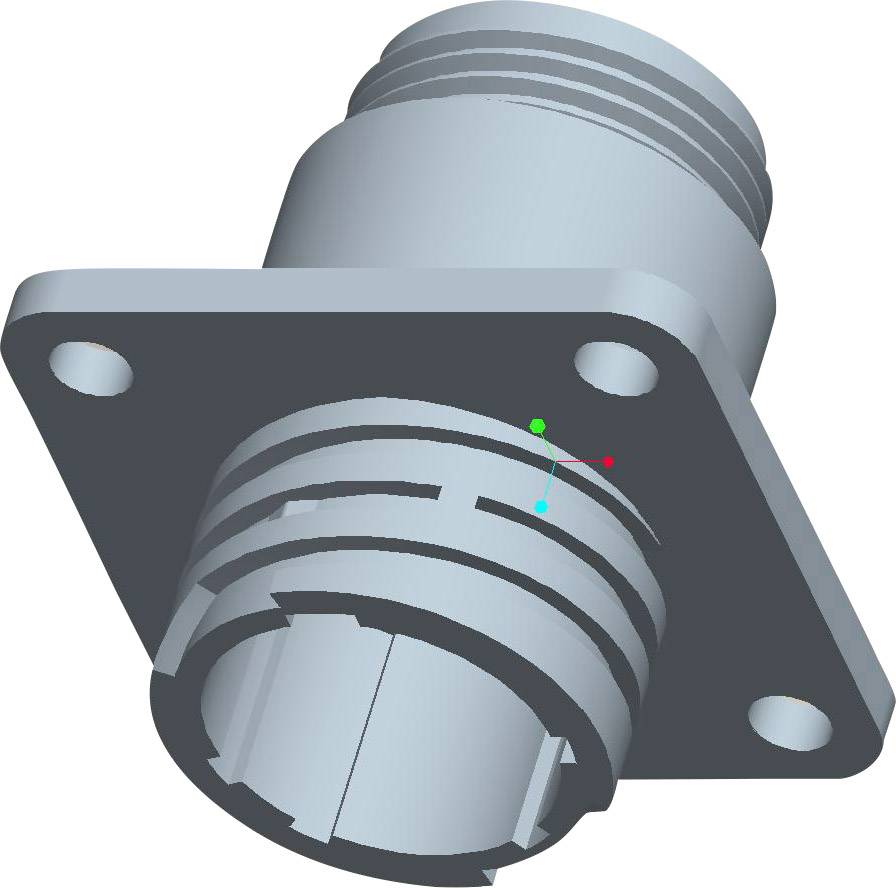 Un composant cylindrique gris fileté, pourvu de perçages, monté sur une platine rectangulaire; probablement un élément d'un connecteur.