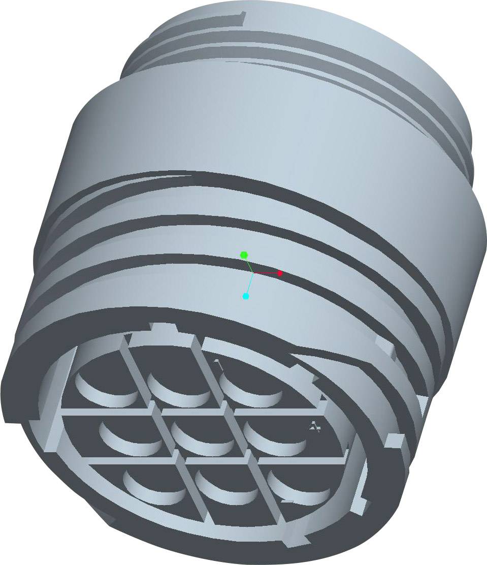 Un composant cylindrique rainuré avec une face avant ouverte et plusieurs chambres circulaires à l'intérieur.