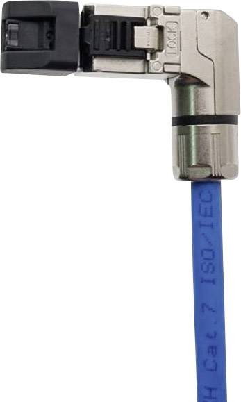 Connecteur RJ45 coudé avec câble réseau Cat7 bleu, adapté aux espaces restreints.