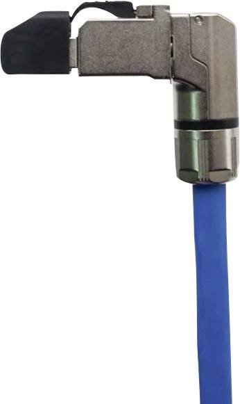 Connecteur d'un câble Ethernet bleu avec gaine de protection métallique, vu de côté.