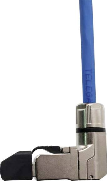 Une fiche Ethernet bleue est connectée à un port métallique avec un verrou noir.