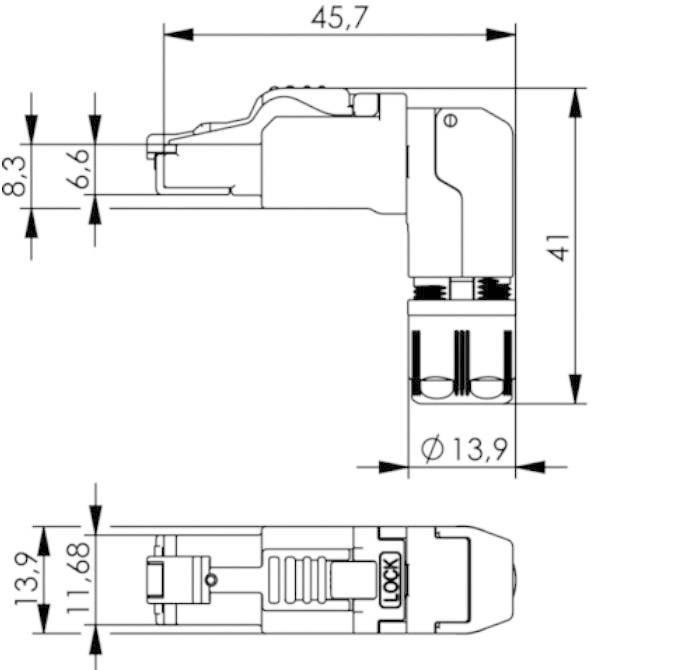 Dessin technique d'un connecteur en L avec dimensions : longueur 45,7 mm, hauteur 41 mm, diamètre 13,9 mm.