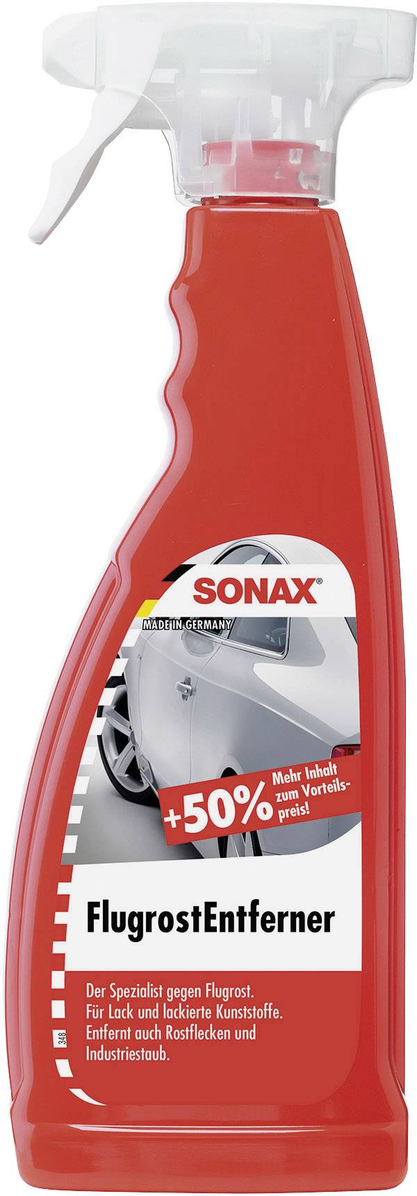 Bouteille rouge 'SONAX Détartrant Anti-Rouille' avec pulvérisateur, vanté comme un spécialiste contre la rouille de surface sur les surfaces peintes et les matières plastiques.