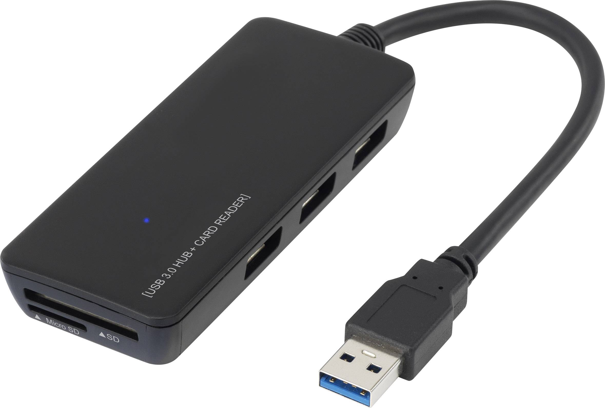Hub USB 3.0 noir avec quatre ports et un lecteur de cartes mémoire, connecté via un câble avec une fiche USB.