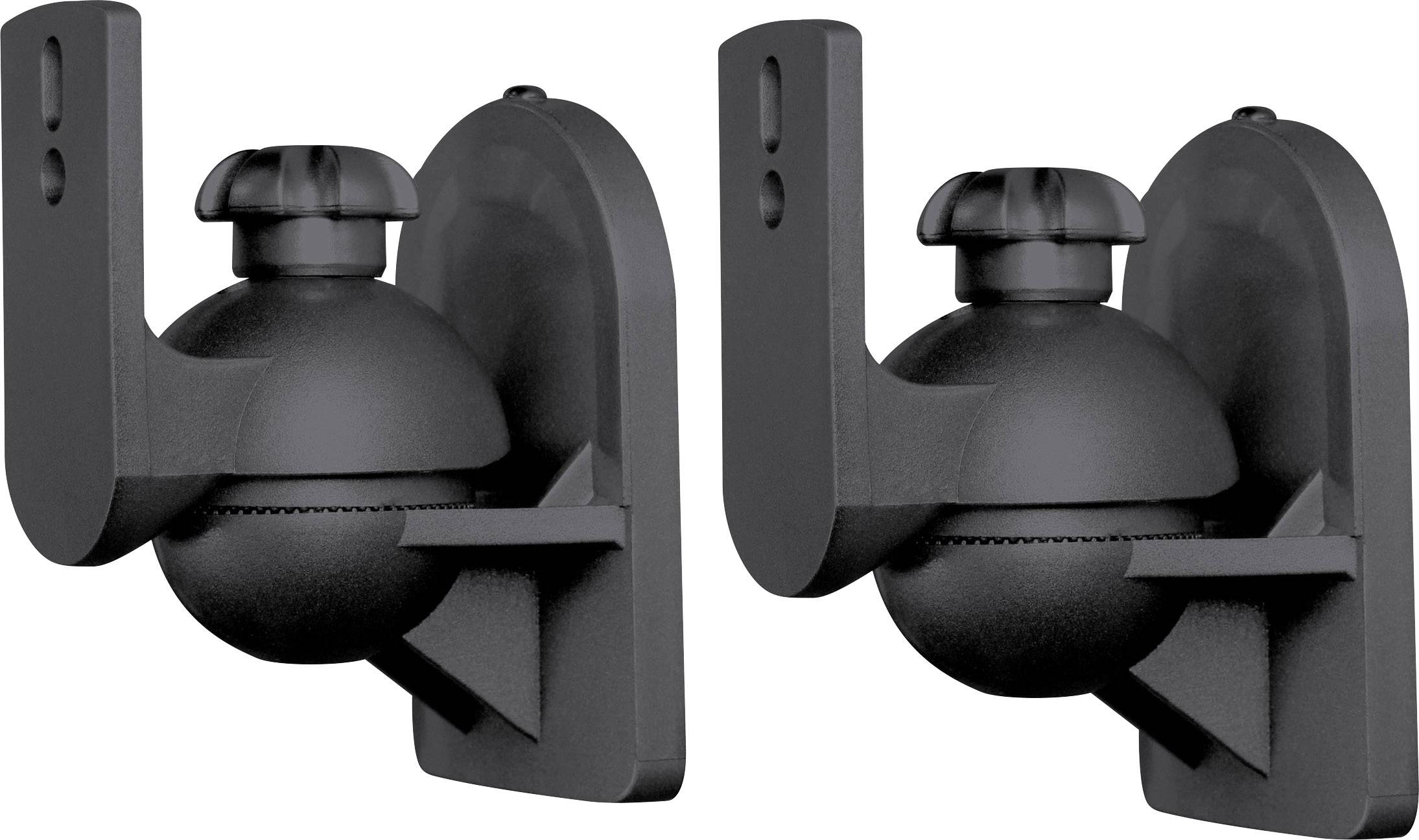 Deux supports muraux noirs, chacun équipé d'une rotule sphérique et de trous de montage pour vis, permettant une fixation flexible des enceintes.