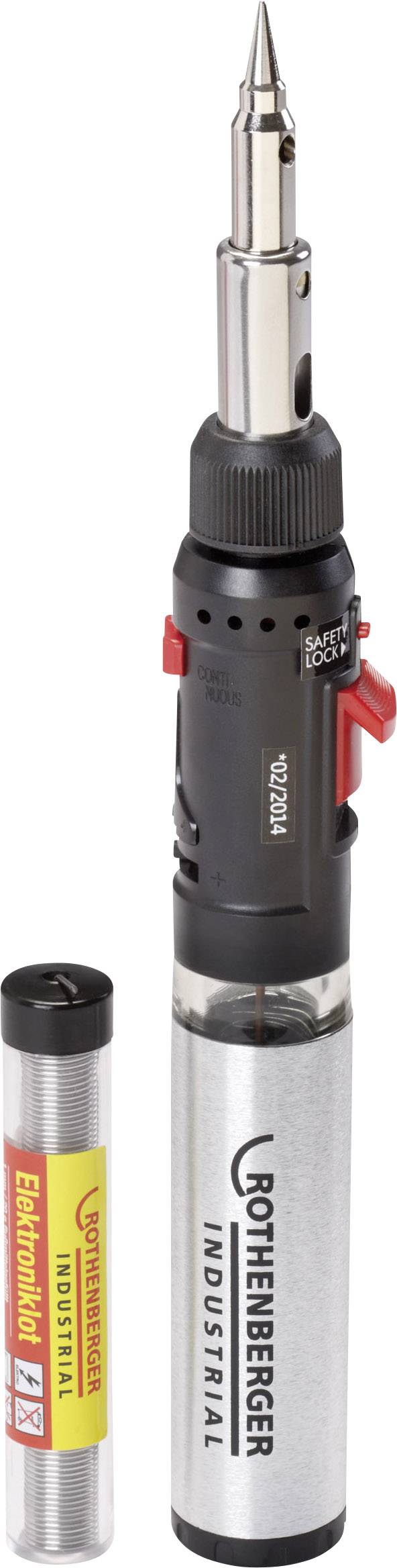 Fer à souder avec un embout métallique pointu, à côté duquel se trouve un rouleau de soudure jaune. Les deux portent l'inscription 'Rothenberger Industrial'.