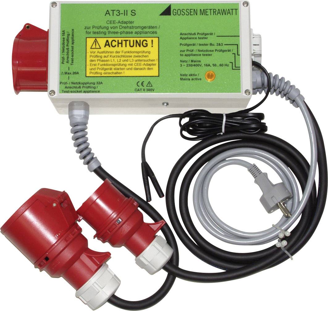 Adaptateur E-Adapter AT3-II S de Gossen Metrawatt pour le test d'appareils triphasés. Contient des avertissements de sécurité et deux bornes rouges.