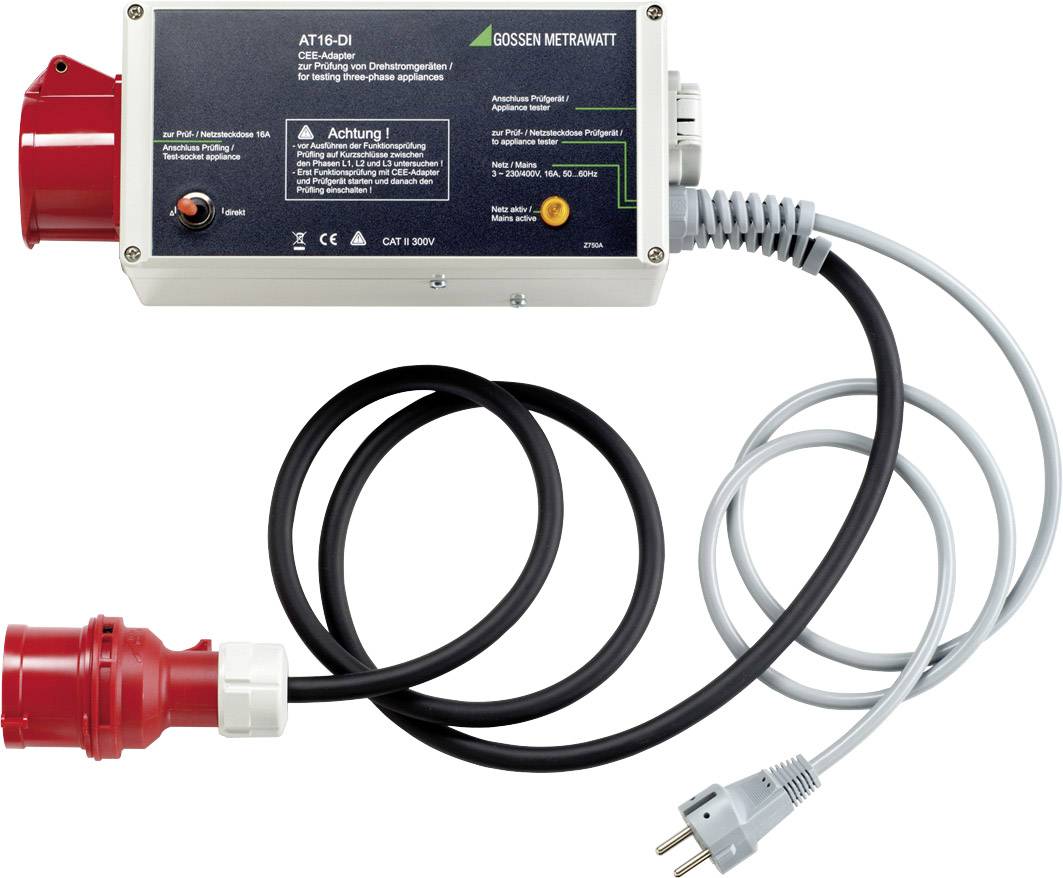 'Gossen Metrawatt AT16-DI', un adaptateur de test électrique avec une prise CEE rouge et une fiche Schuko grise, destiné à vérifier les prises de courant triphasées.