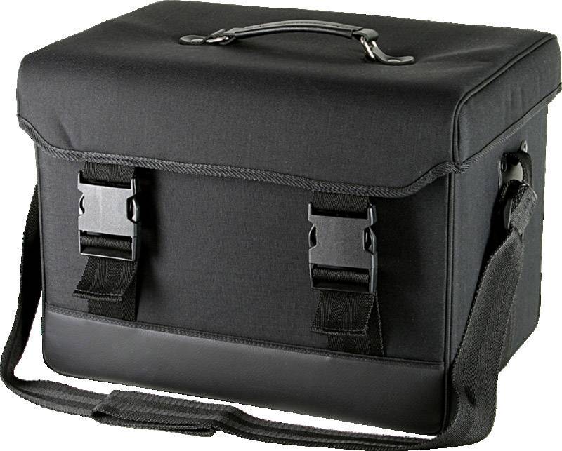 Un sac photo noir rectangulaire avec une poignée en haut et une bandoulière réglable. Deux fermoirs à l'avant.