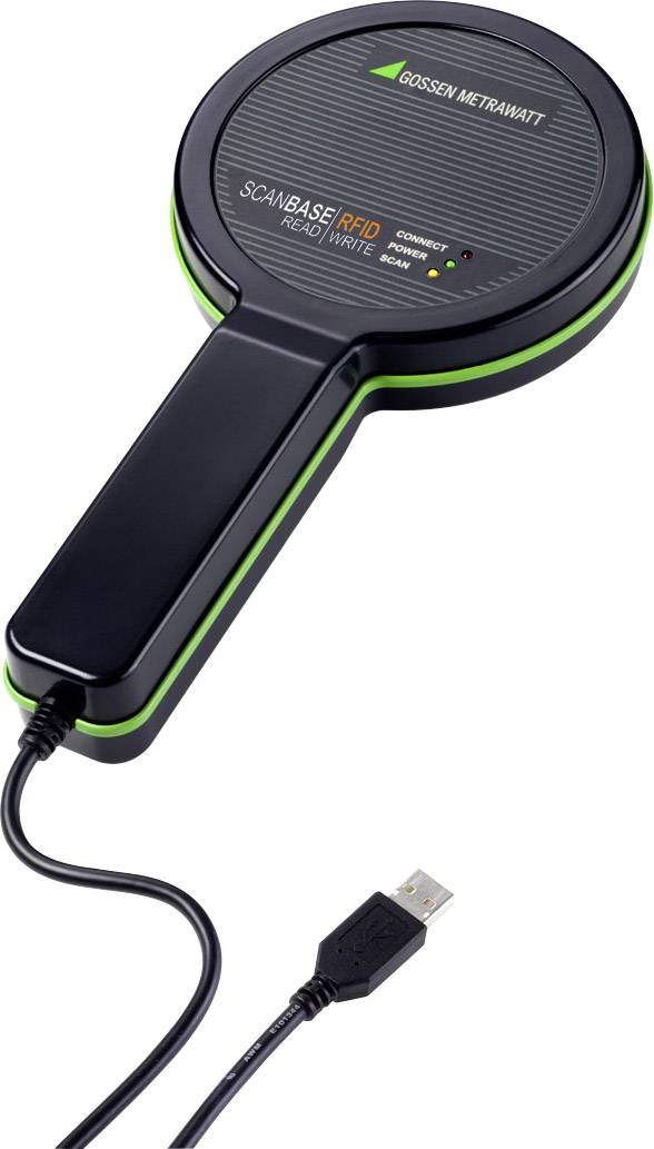 Un lecteur de tags RFID de Gossen Metrawatt avec câble de connexion USB, utilisé pour la lecture et l'écriture de données.
