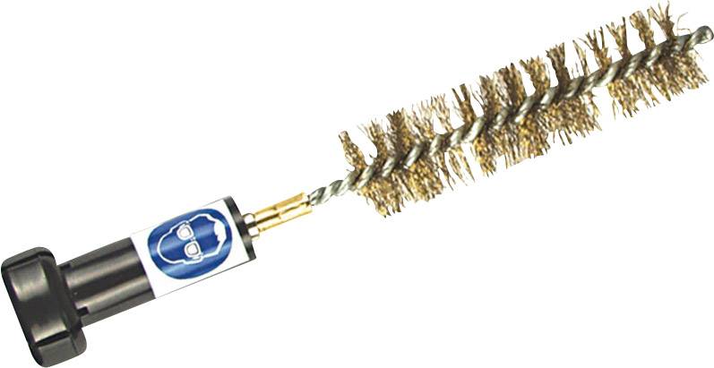 Embout de brosse en laiton avec poignée noire et logo bleu, adapté pour le nettoyage de tuyaux ou d'objets similaires.