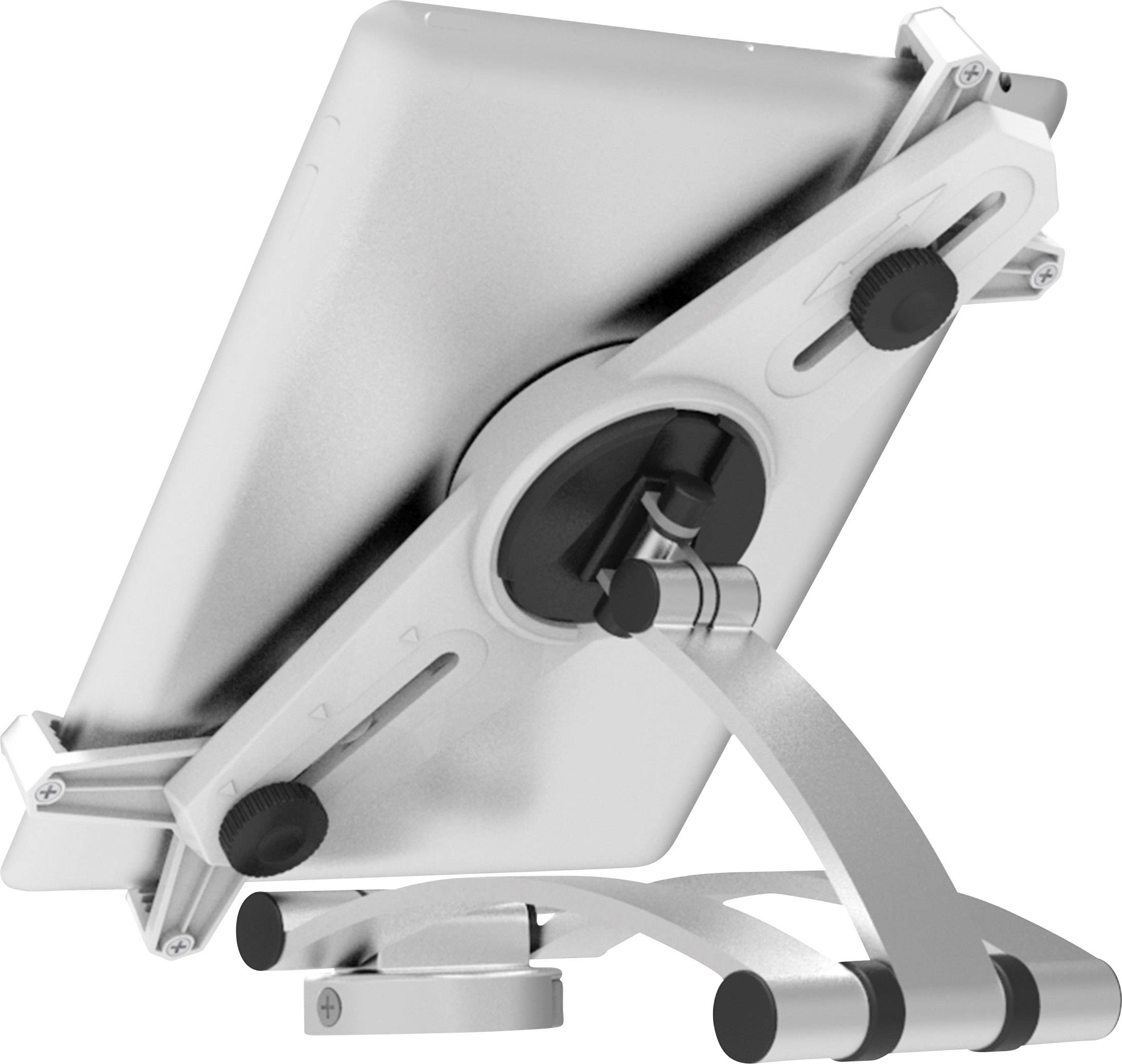 Un support de tablette en métal argenté et ajustable, vu de côté, présente un support avec des articulations pivotantes pour un support optimal.