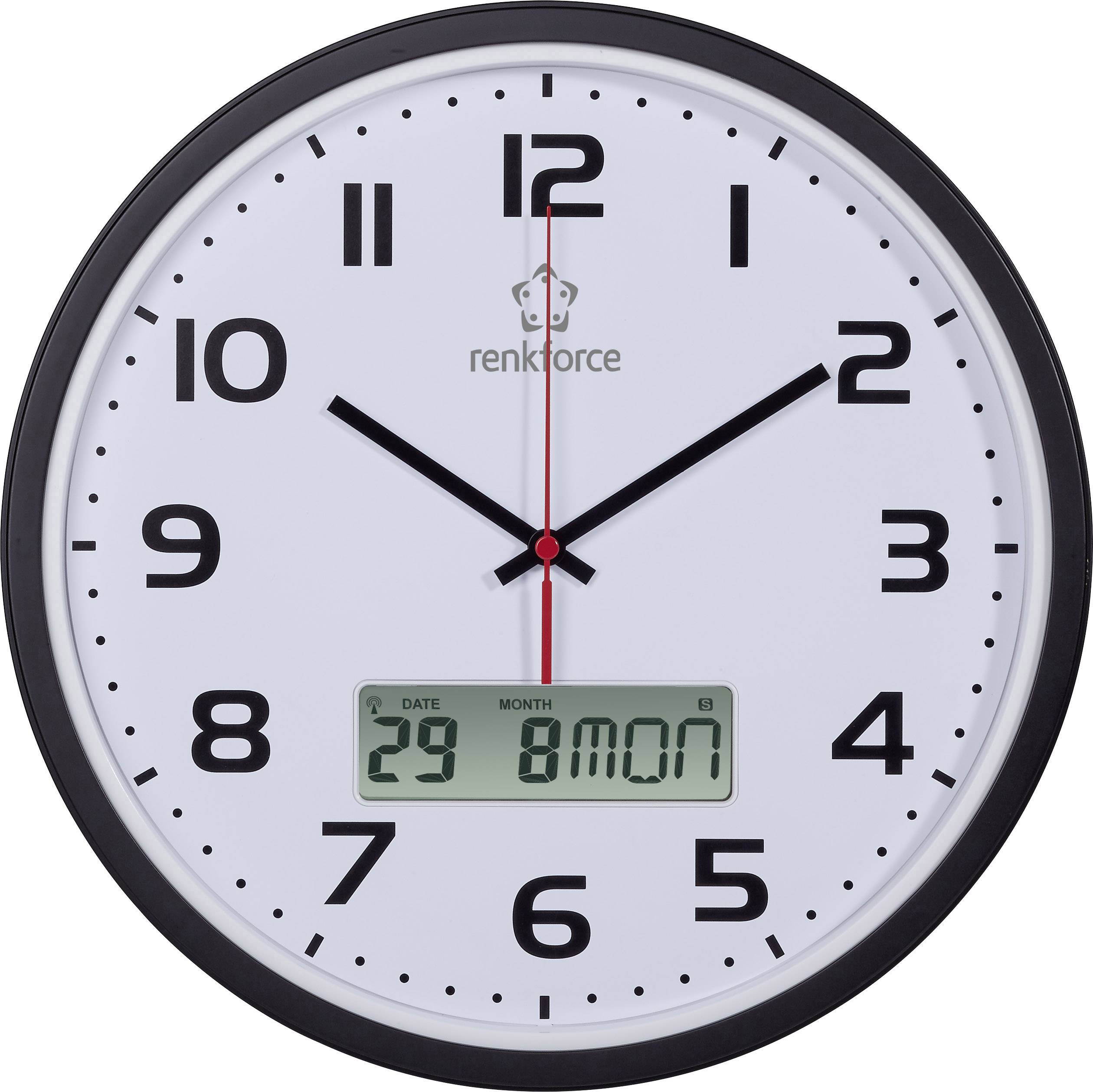 Horloge murale analogique avec bordure noire et chiffres arabes. L'écran numérique affiche la date '29 LUN' et le mois '8'.