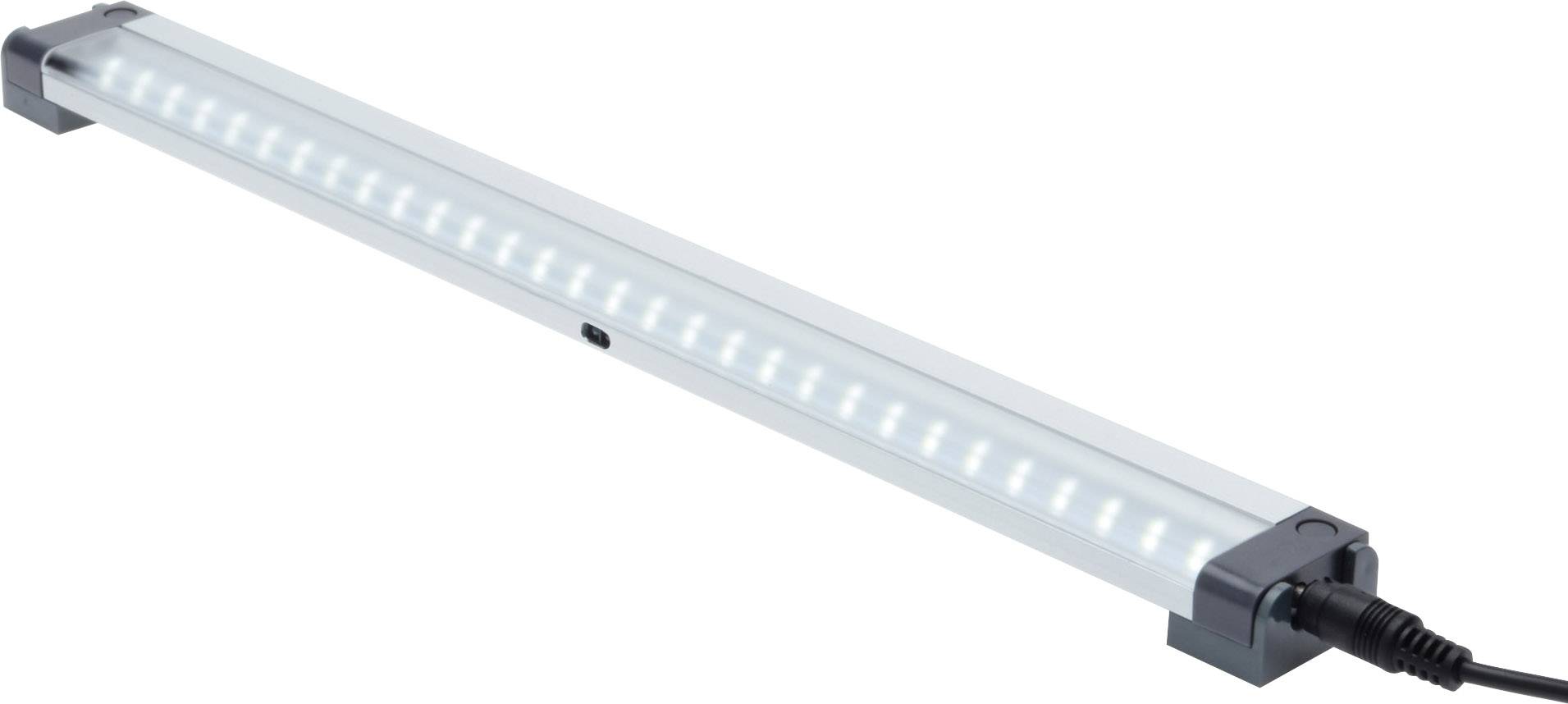 Luminaire LED rectangulaire long avec boîtier en aluminium, embouts noirs et connexion par câble. Il émet une lumière blanche froide.