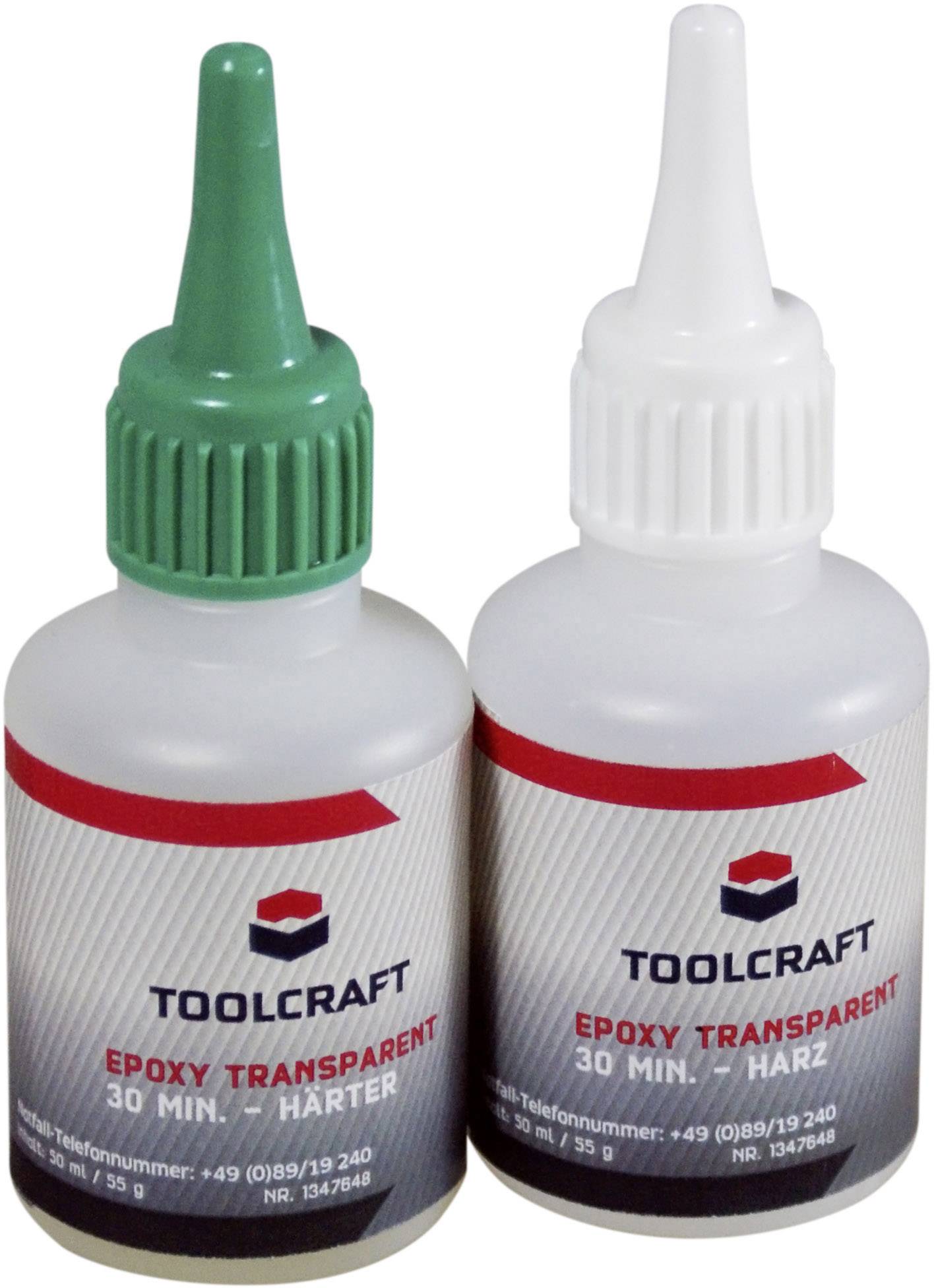 Deux bouteilles de résine époxy transparente Toolcraft 30 Min. avec durcisseur, chacune avec un capuchon vert et blanc, posées côte à côte.